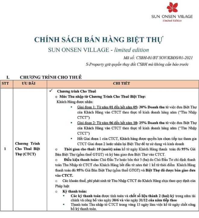 Chính sách bán hàng Sun Onsen Village Quang Hanh -1