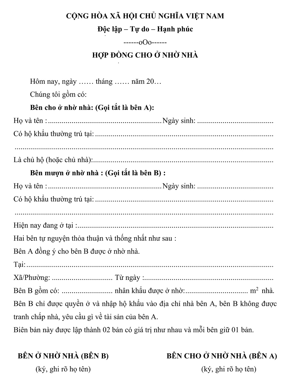 hợp đồng cho ở nhờ nhà