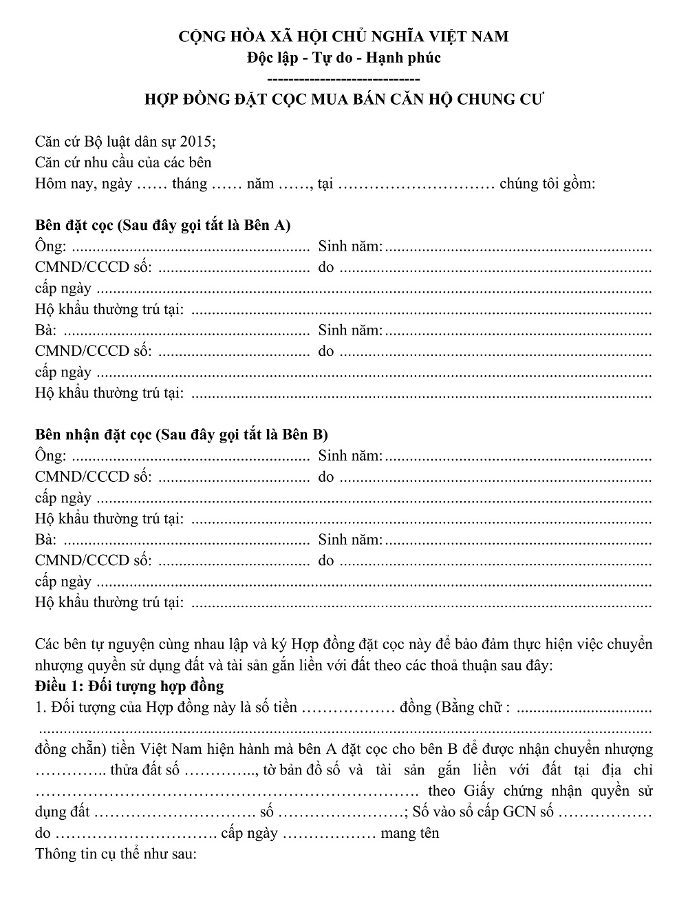 hợp đồng đặt cọc mua nhà chung cư