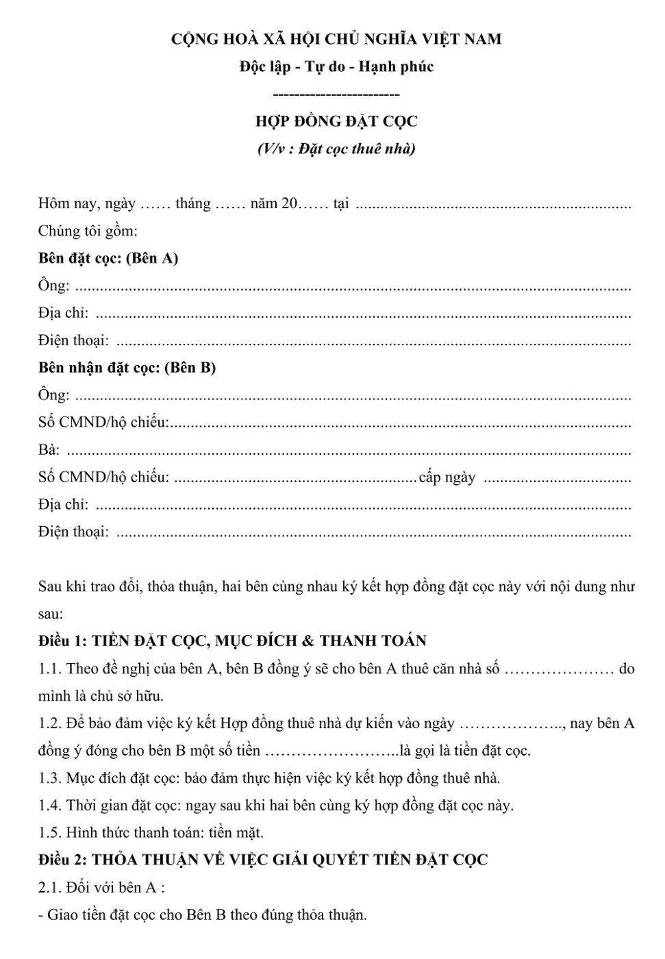 Mẫu hợp đồng đặt cọc thuê nhà chuẩn pháp lý hợp đồng đặt cọc thuê nhà vietnamland.vn hợp đồng đặt cọc thuê nhà
