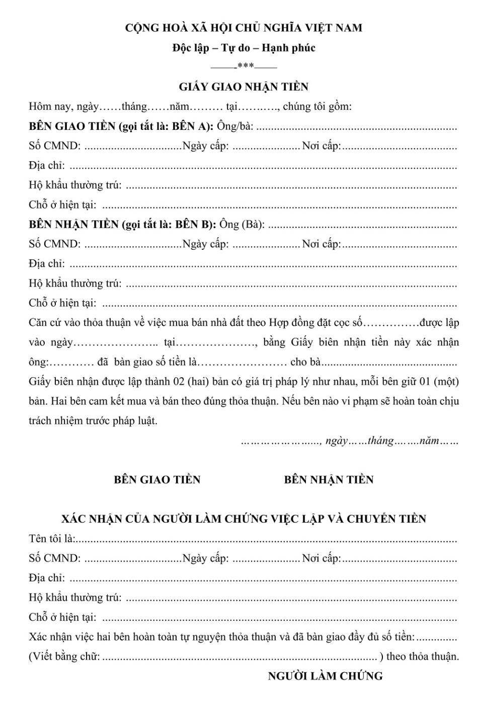 Mẫu giấy biên nhận tiền mua đất