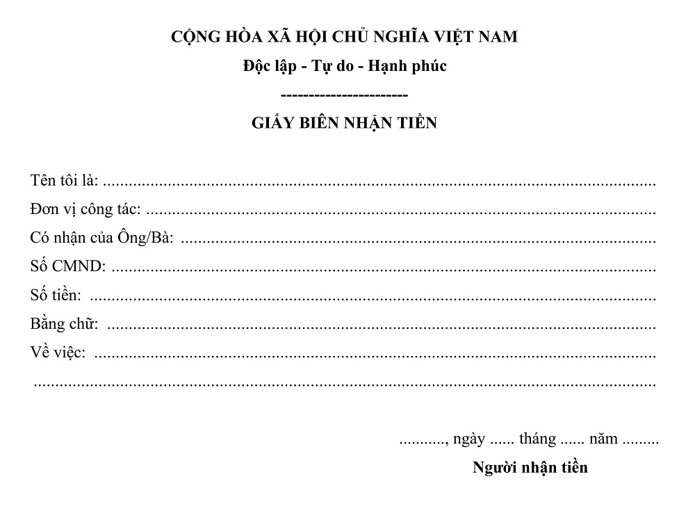 Mẫu giấy biên nhận tiền mua đất