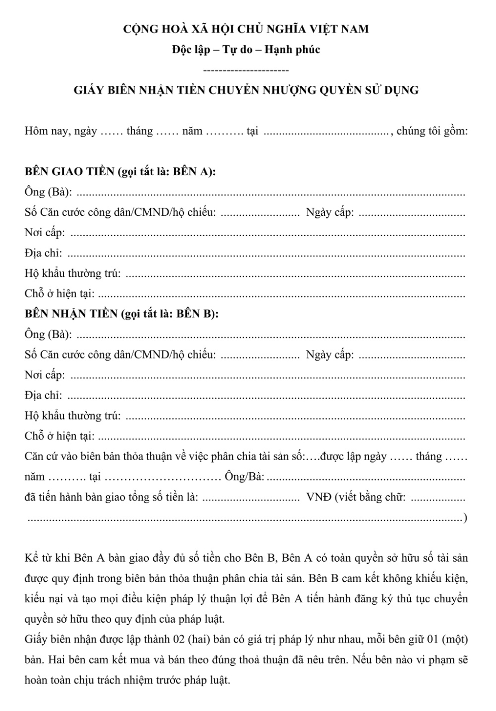 Mẫu giấy biên nhận tiền mua đất